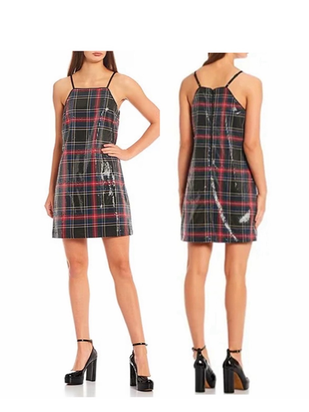 Copper Key Plaid Tartan Sequin Sleeveless Mini Shift Dress Black Red Size S NWT